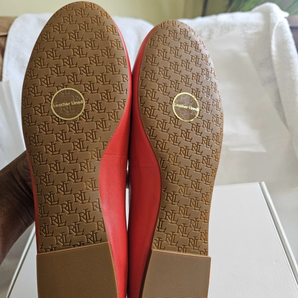 Lauren Ralph Lauren Jayna Red Leather Ballet Flats with Bow Detail - Picture 3 of 6